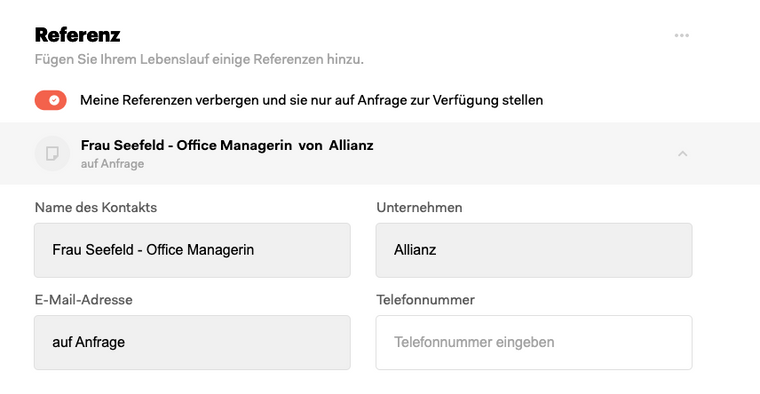 Lebenslauf Referenzen auf Anfrage Beispiel